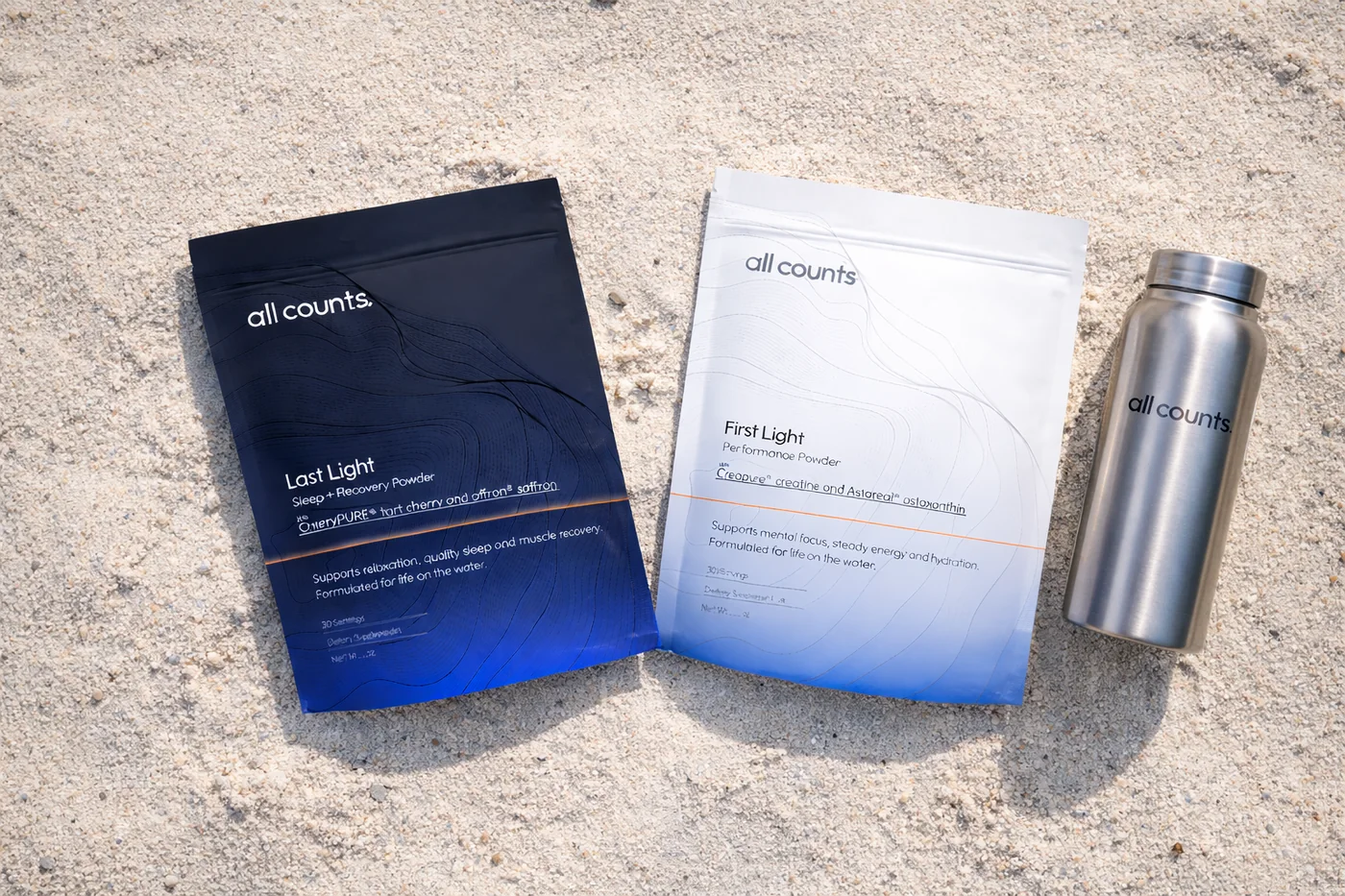 All Counts pouches and a steel bottle on sand