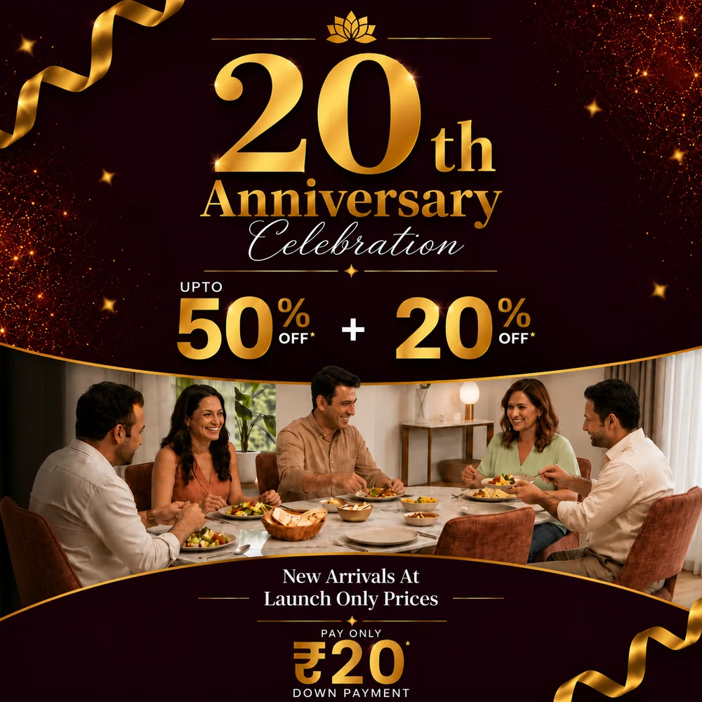 Hometown 20th anniversary sale post with a family at a dining table