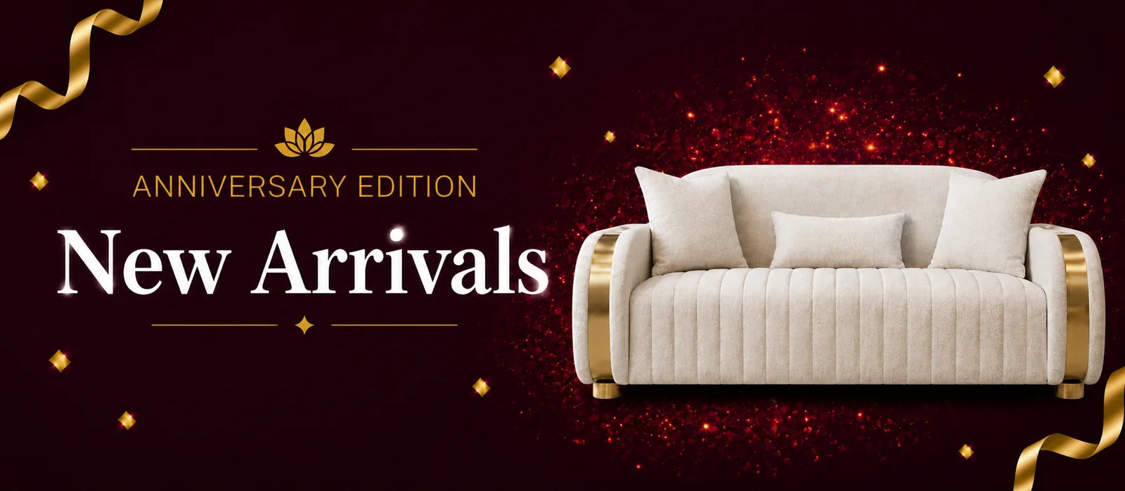 Hometown New Arrivals banner with a cream sofa on deep red